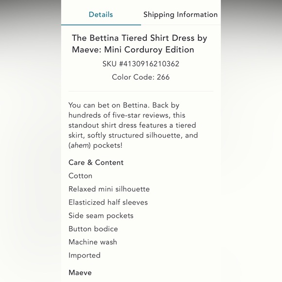 NWT The Bettina Tiered Shirt Dress by Maeve: Mini Corduroy Edition - Picture 6 of 8